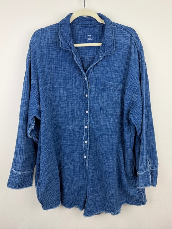 aerie Pants - Aerie Blue Gauze Romper Button Front Raw Hem Boho Beachcore L